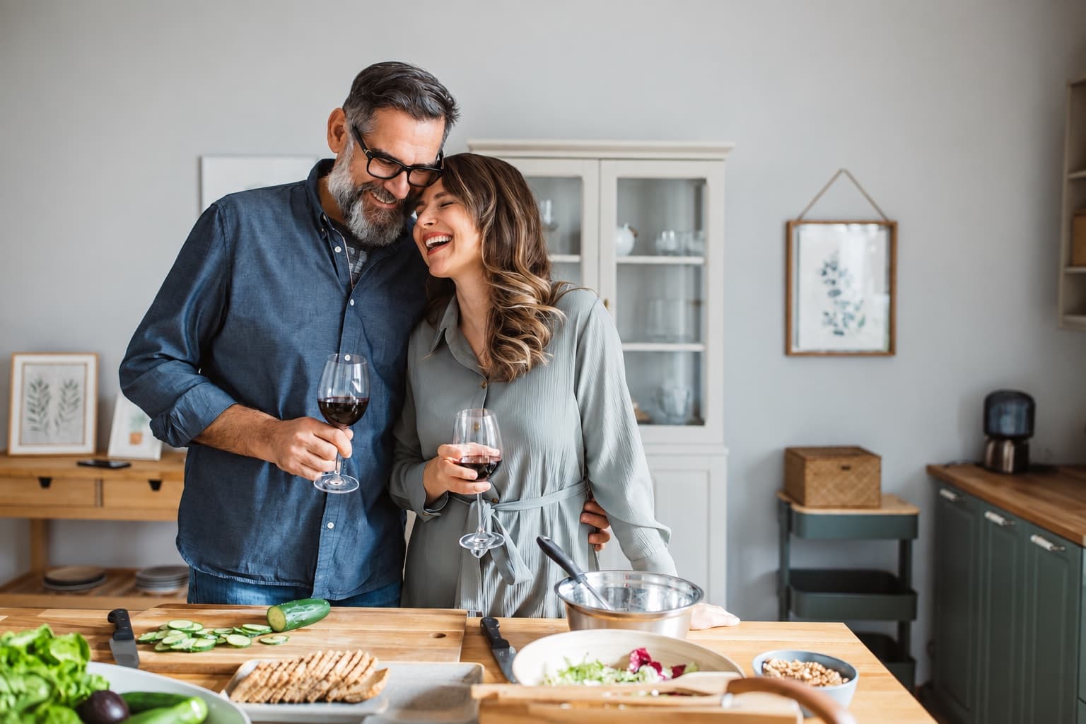 A couple preparing a meal together at home